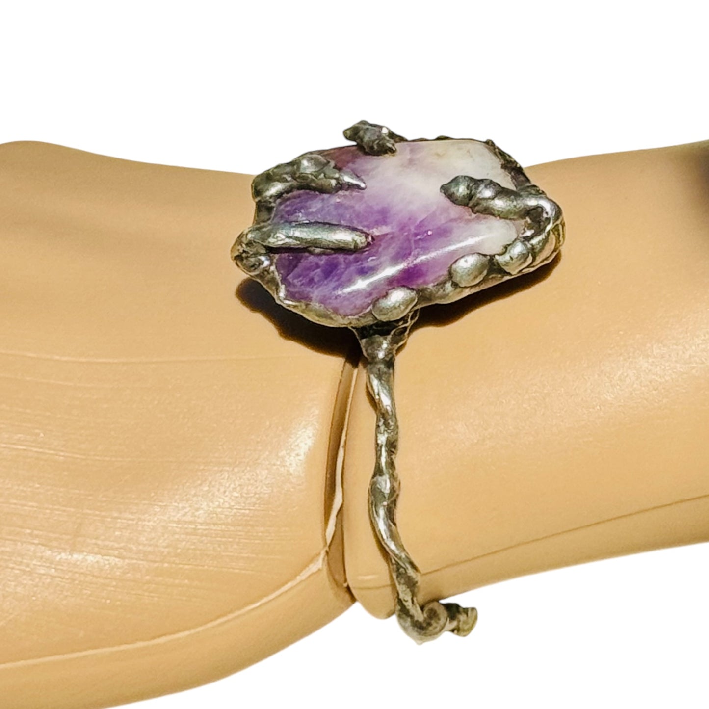 Amethyst Claw Cuff Bracelet Brutalist Silver Blend Metalwork