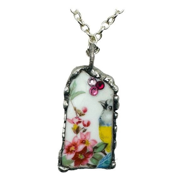 Broken China Pendant Gouldian Finch, Swarovski Crystals With Hand Solder