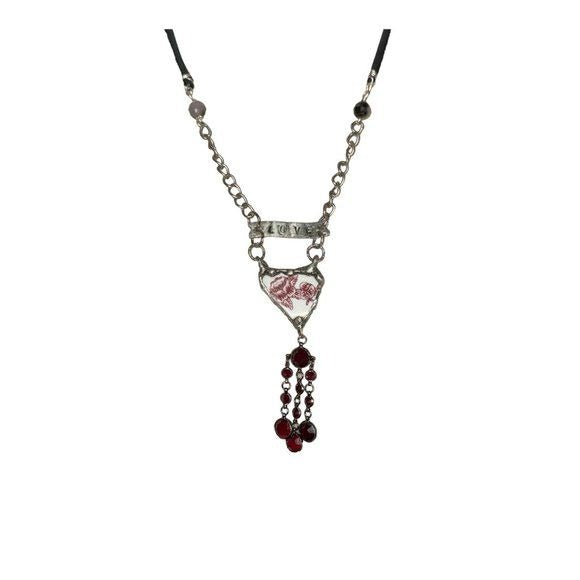 Broken China Heart Pendant W/ VNTG Garnet Tassel, Artisan Metalwork & Leather
