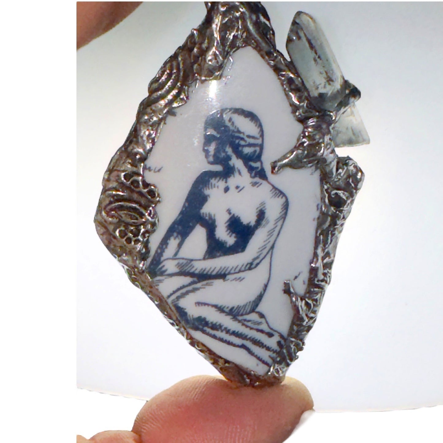Mermaid Denmark Broken China & Blue Quartz Statement Pendant W/ Silver Blend Bezel
