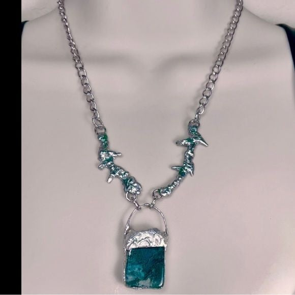 Natural Free Form Moss Agate Pendant & Brutalist Silver-Blend Metalwork Thorn Necklace