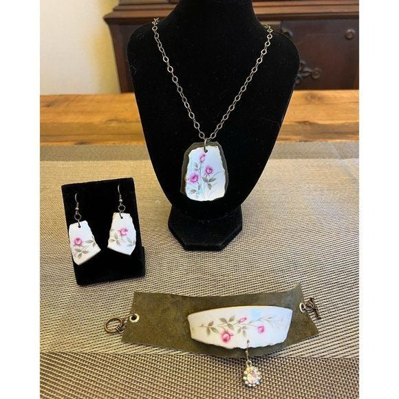 Broken China Leather Necklace Artisan Crafted From a Tea Rose Pattern Teacup