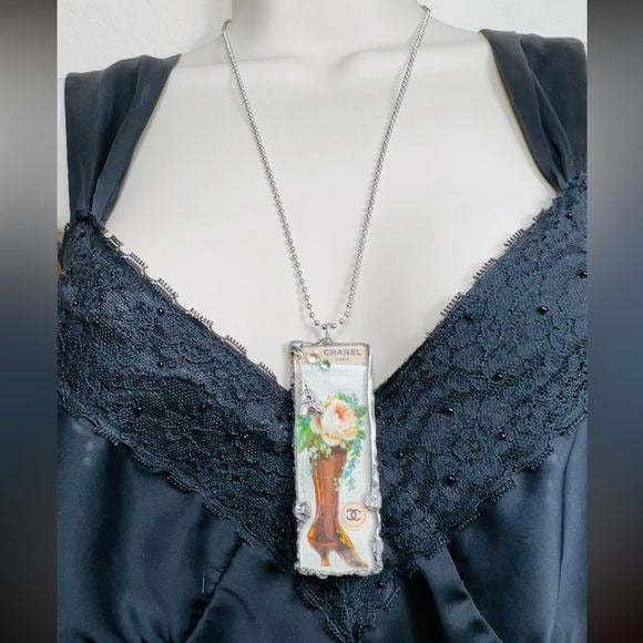 Tiny Glass Pendant Granny Bootie Mixed Media 3D Eiffel Tower & Swarovski Crystals