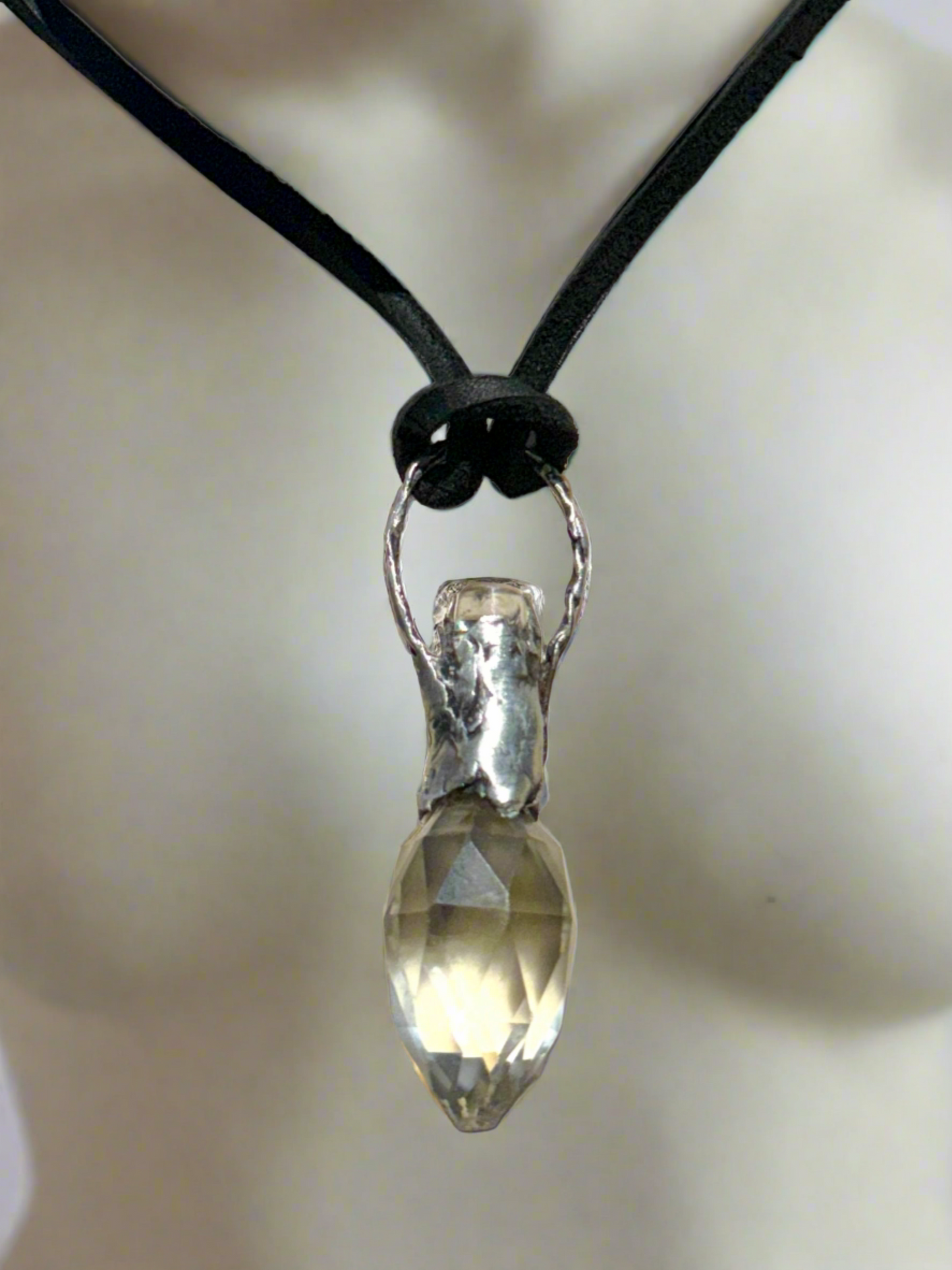 Vintage Crystal Perfume Bottle with Boho Metalwork & Leather Rope Necklace