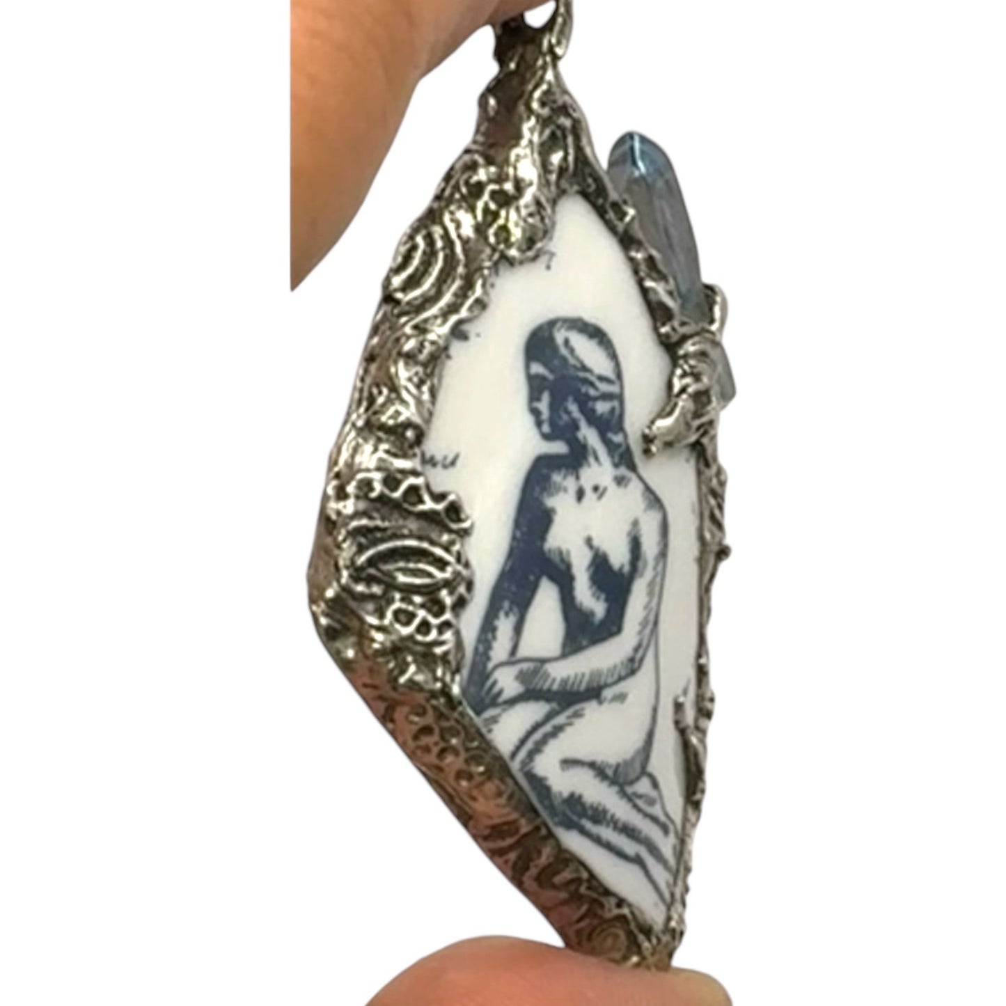 Mermaid Denmark Broken China & Blue Quartz Statement Pendant W/ Silver Blend Bezel