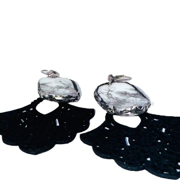 Broken China Filigree Earrings With Artisan Silverware
