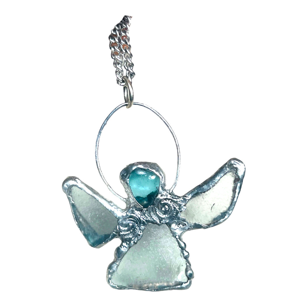 Sea Glass Angel Pendant Artisan Boho Metalwork Necklace