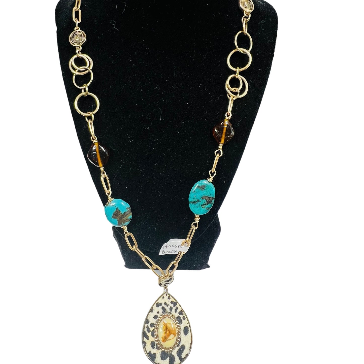 Upcycled VNTG Horse Brooch and Hyde Pendant w/ Wire Wrapped Amber & Turquoise Necklace