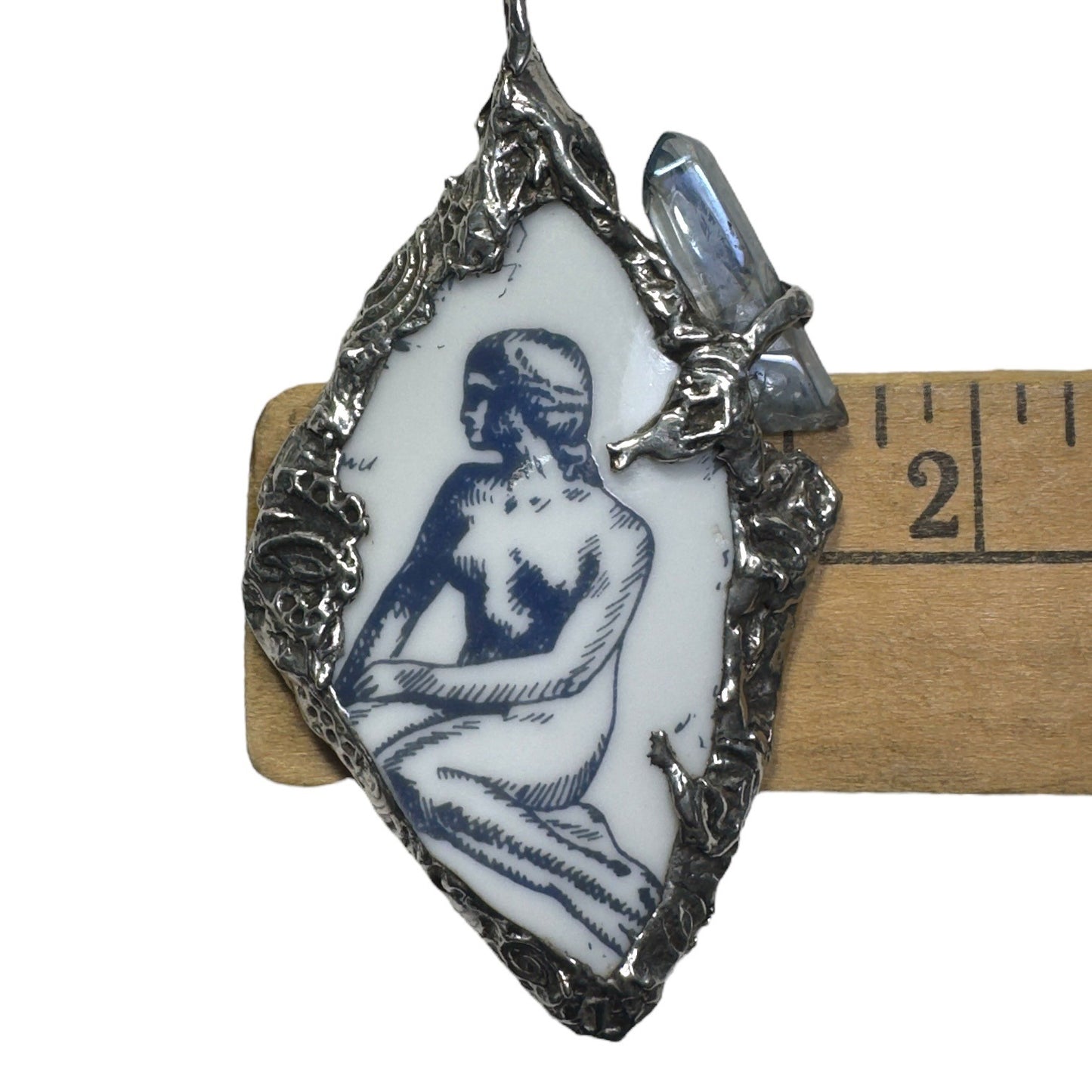 Mermaid Denmark Broken China & Blue Quartz Statement Pendant W/ Silver Blend Bezel