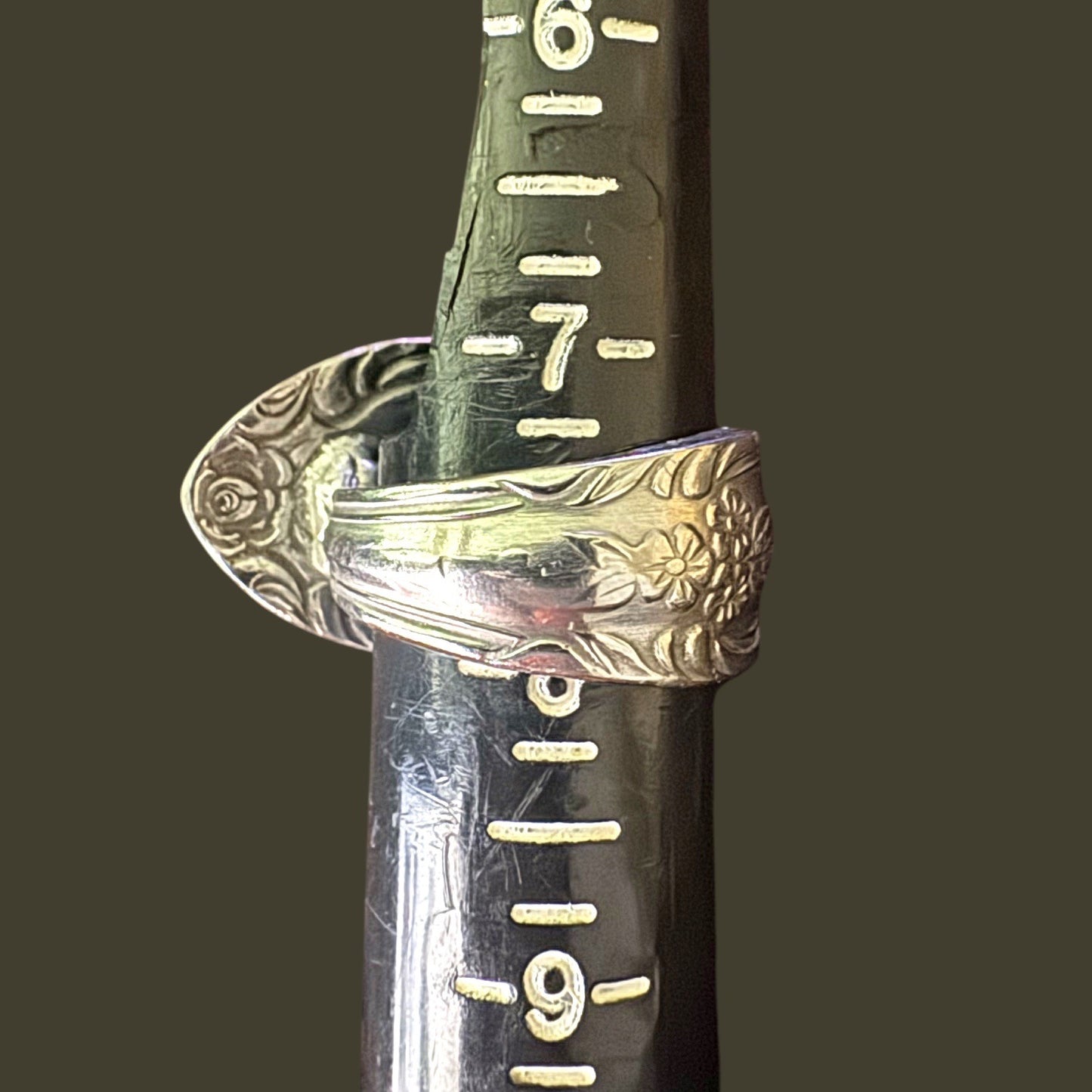 Antique Stainless Steel Rose Spoon Ring With Red Crystal Size 7.5