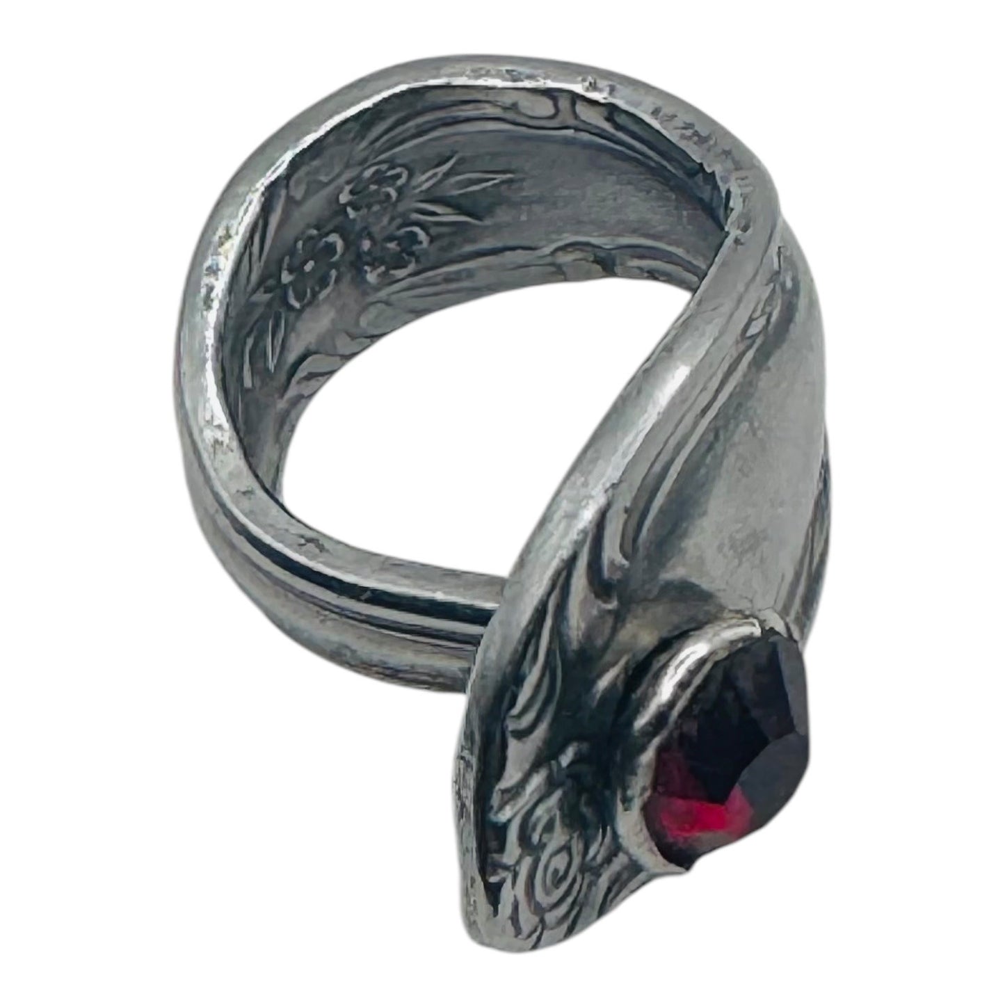 Antique Stainless Steel Rose Spoon Ring With Red Crystal Size 7.5