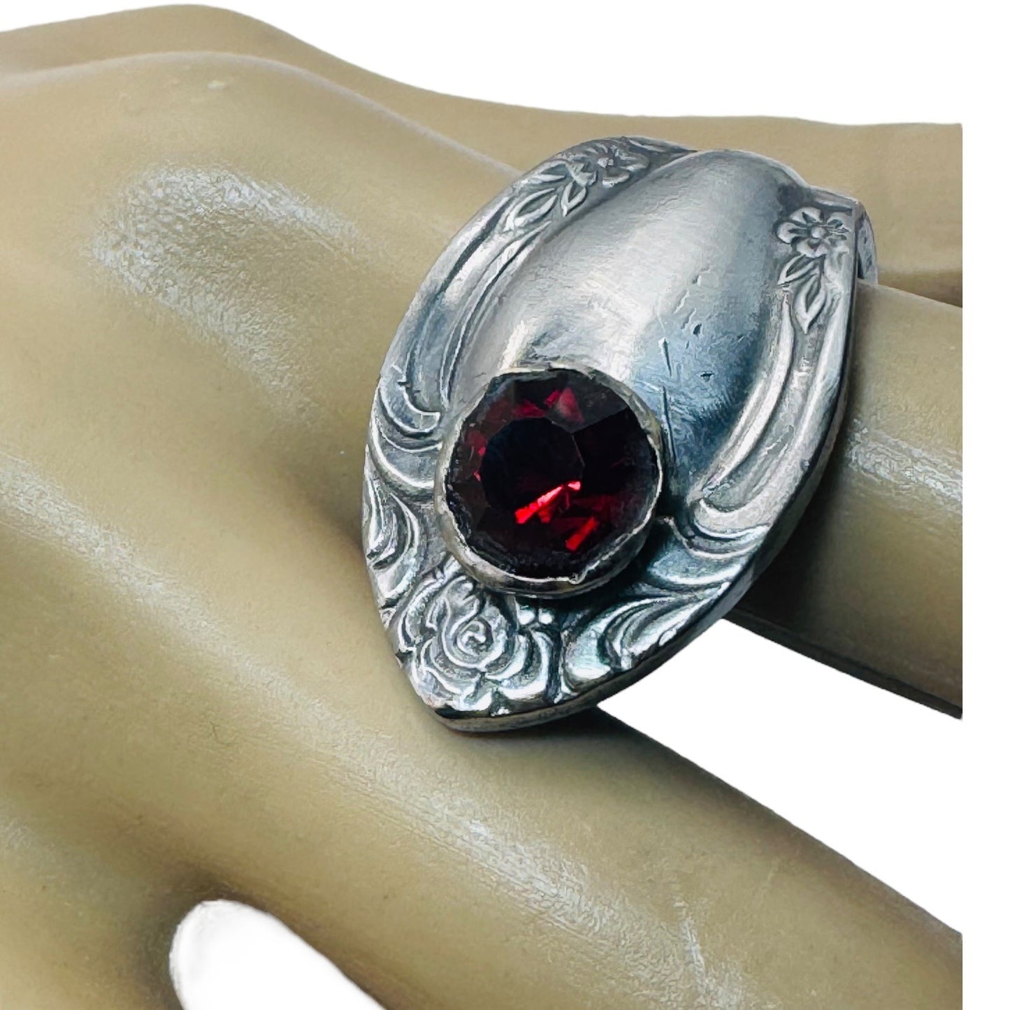 Antique Stainless Steel Rose Spoon Ring With Red Crystal Size 7.5