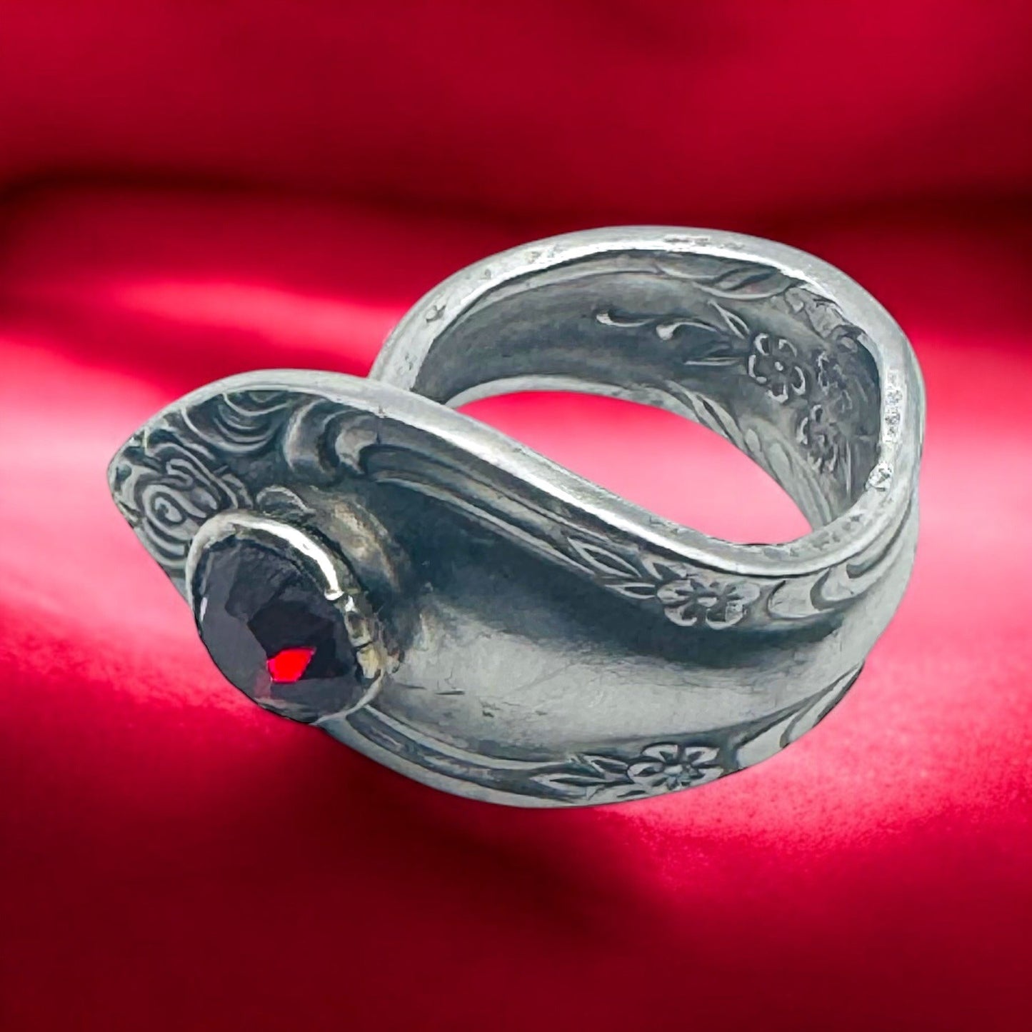 Antique Stainless Steel Rose Spoon Ring With Red Crystal Size 7.5