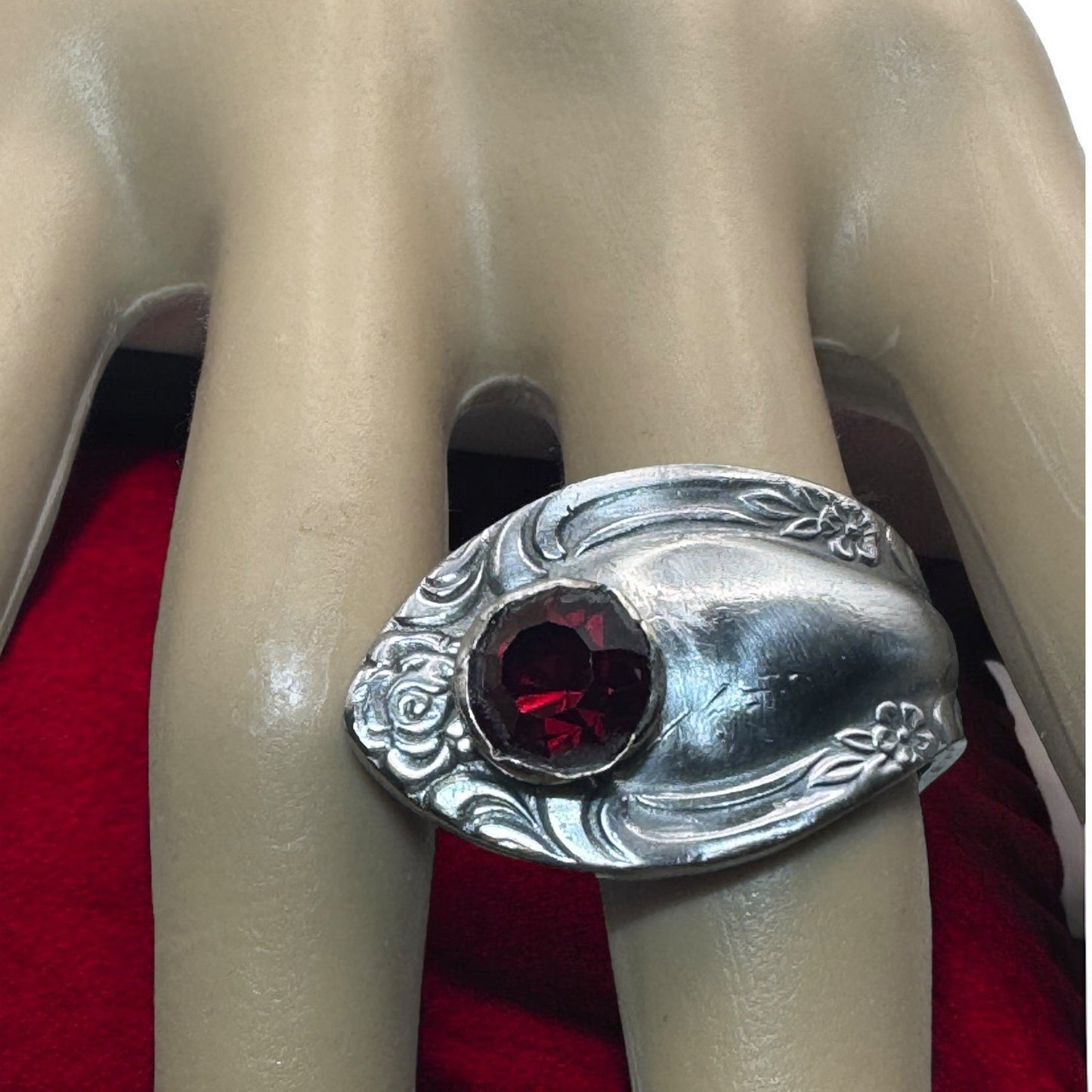 Antique Stainless Steel Rose Spoon Ring With Red Crystal Size 7.5