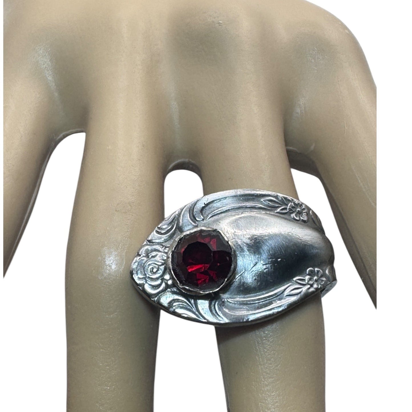 Antique Stainless Steel Rose Spoon Ring With Red Crystal Size 7.5