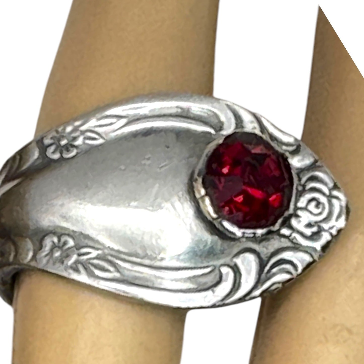 Antique Stainless Steel Rose Spoon Ring With Red Crystal Size 7.5