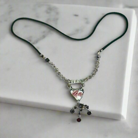 Broken China Heart Pendant W/ VNTG Garnet Tassel, Artisan Metalwork & Leather