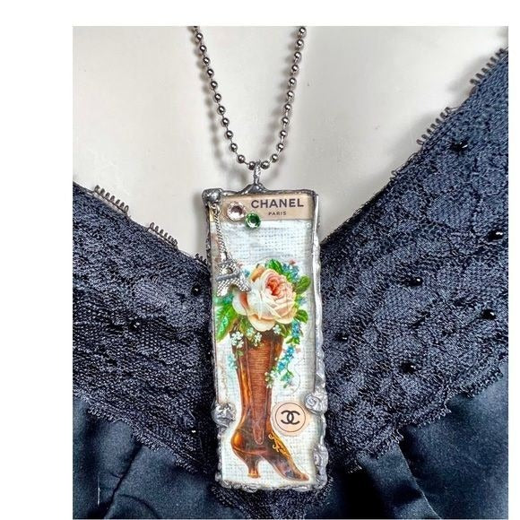 Tiny Glass Pendant Granny Bootie Mixed Media 3D Eiffel Tower & Swarovski Crystals