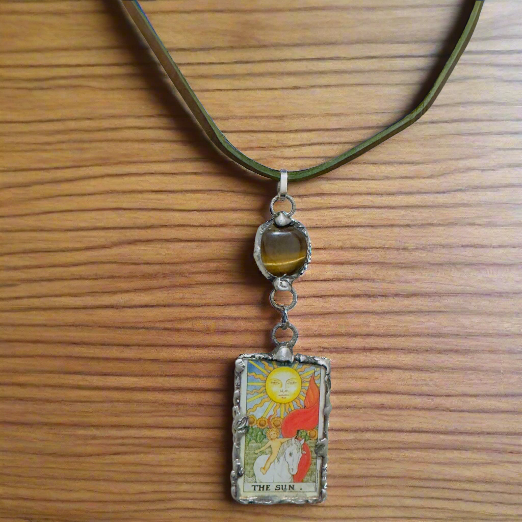 Tarot Card Mixed Media & Artisan Metalwork Tiger Eye Pendant Leather Necklace