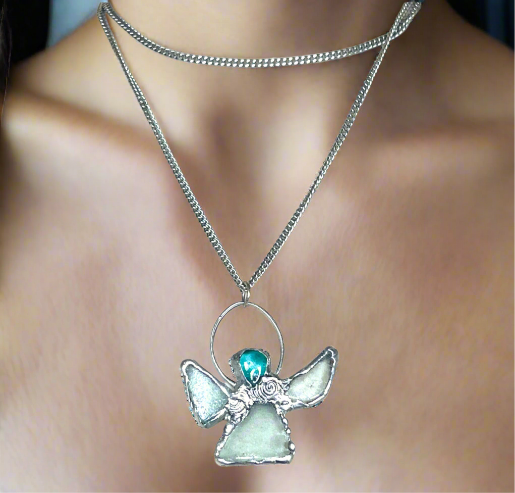 Sea Glass Angel Pendant Artisan Boho Metalwork Necklace