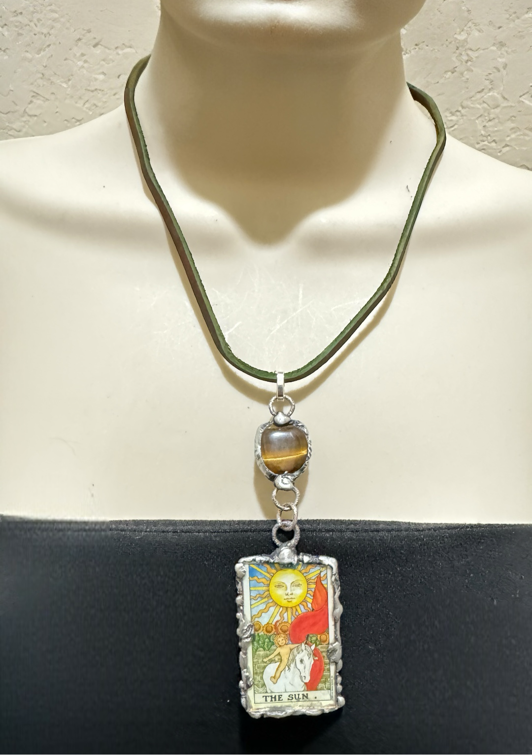 Tarot Card Mixed Media & Artisan Metalwork Tiger Eye Pendant Leather Necklace