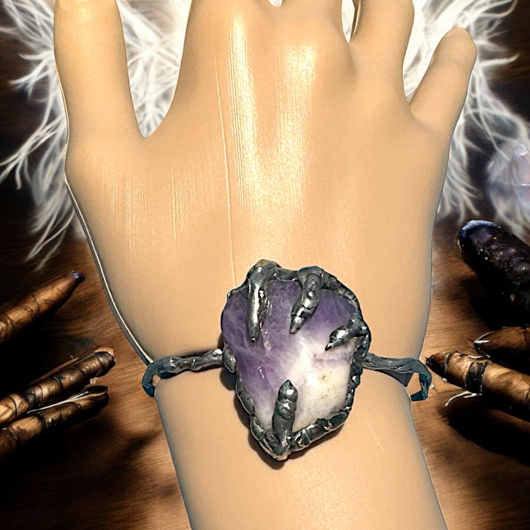 Amethyst Claw Cuff Bracelet Brutalist Silver Blend Metalwork