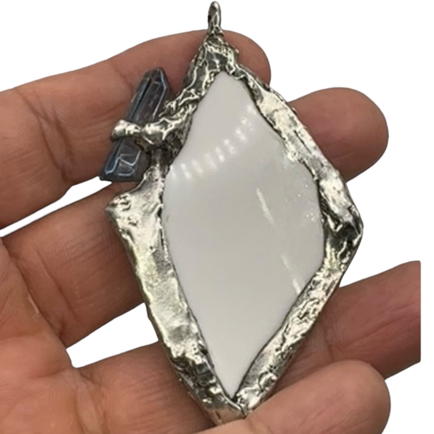 Mermaid Denmark Broken China & Blue Quartz Statement Pendant W/ Silver Blend Bezel