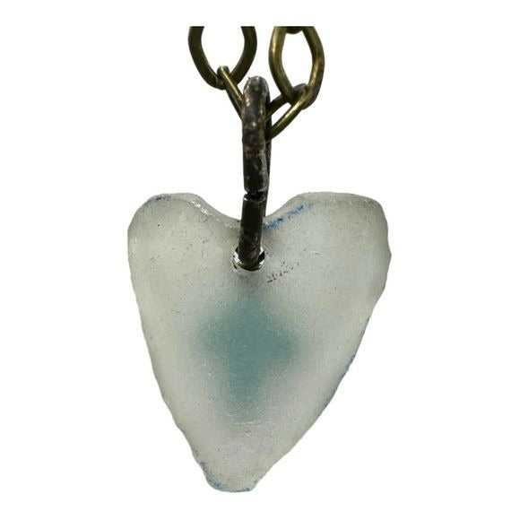 Concave Sea Glass Heart Pendant with Turquoise Cross Charm Artisan Crafted