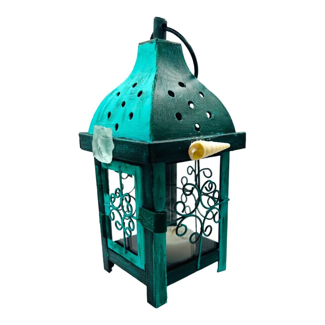 Upcycled Metal Lantern with Sea Glass & Conch, Hand-Painted