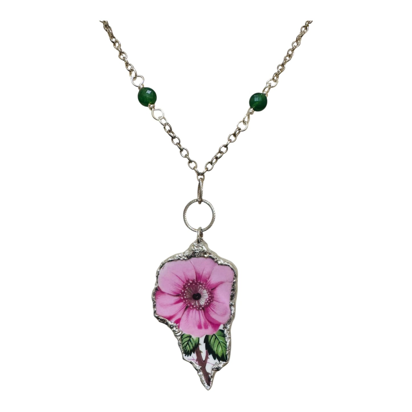 Old Country Rose Broken China Pendant & Green Aventurine Beaded Necklace