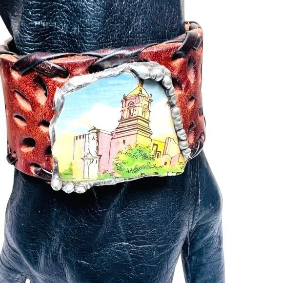San Antonio Broken China Cuff Bracelet with Vintage Artisan Leather