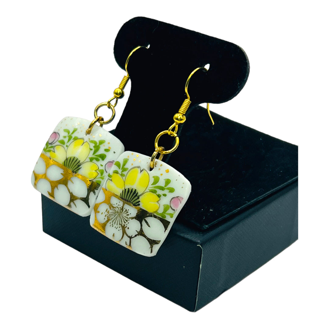 Daisies Fine Bone China Dangle Earrings with Gold Etching