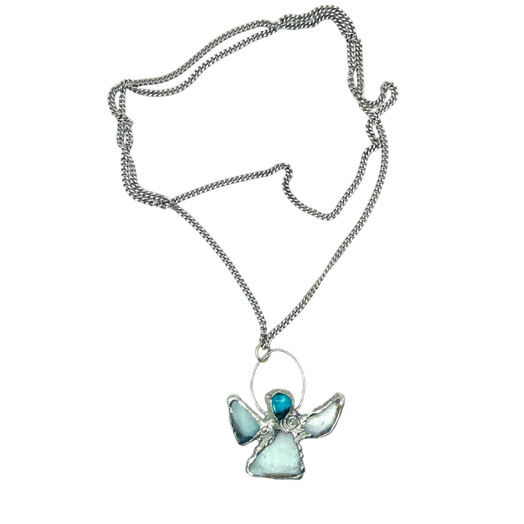 Sea Glass Angel Pendant Artisan Boho Metalwork Necklace