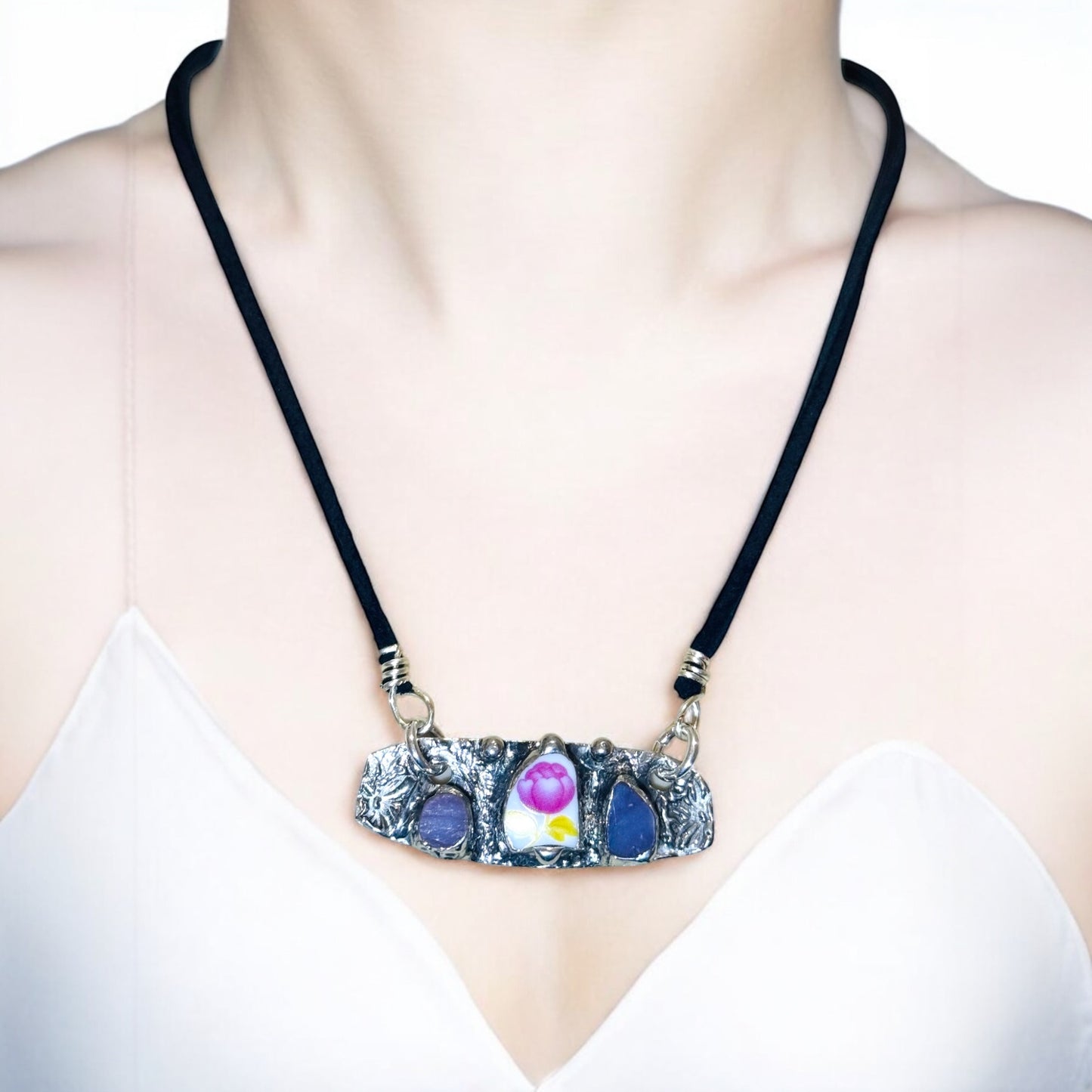 Artisan Boho Broken China & Glass Mixed Media Necklace With Silver Blend Pendant