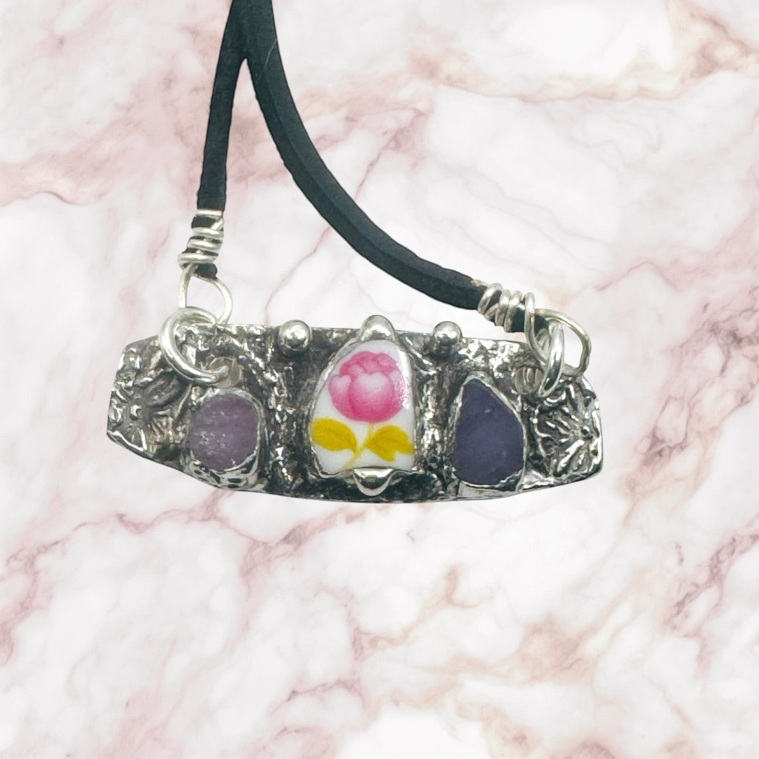 Artisan Boho Broken China & Glass Mixed Media Necklace With Silver Blend Pendant