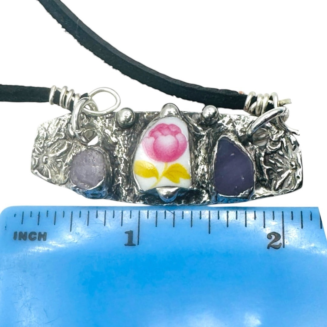Artisan Boho Broken China & Glass Mixed Media Necklace With Silver Blend Pendant