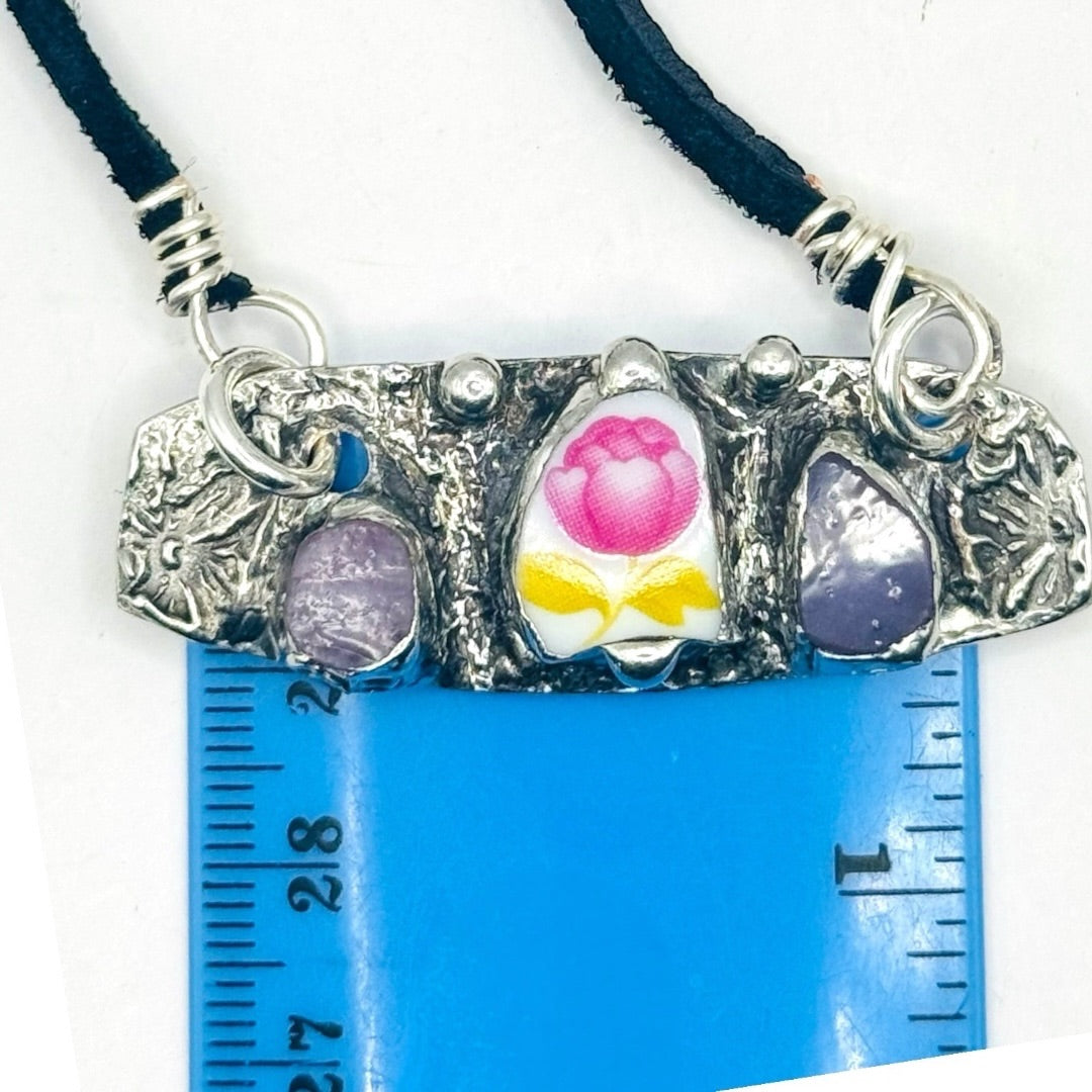 Artisan Boho Broken China & Glass Mixed Media Necklace With Silver Blend Pendant