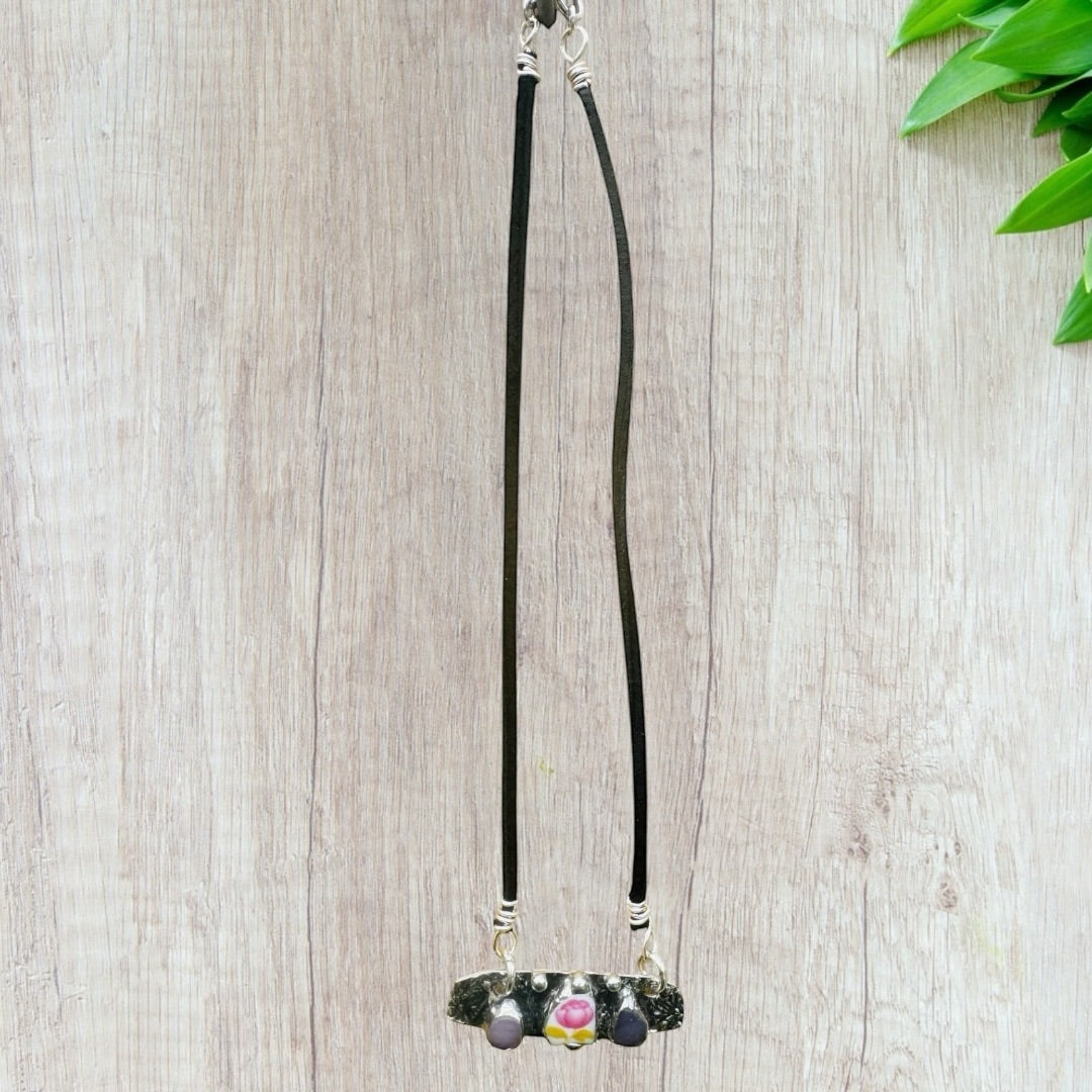 Artisan Boho Broken China & Glass Mixed Media Necklace With Silver Blend Pendant