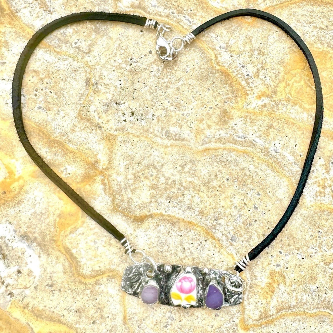 Artisan Boho Broken China & Glass Mixed Media Necklace With Silver Blend Pendant