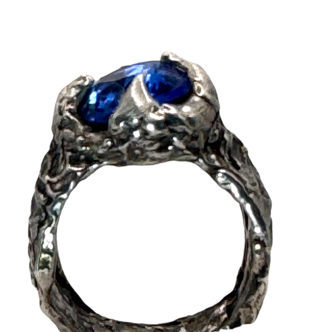 Brutalist Style Silver Blend Metalwork Ring With 10mm Cushion Blue Crystal Stone