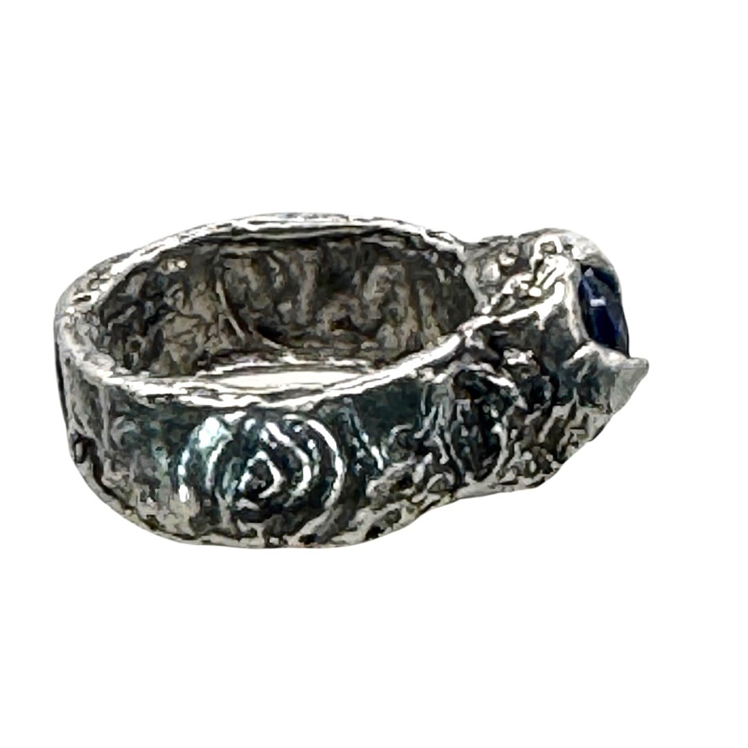 Brutalist Style Silver Blend Metalwork Ring With 10mm Cushion Blue Crystal Stone