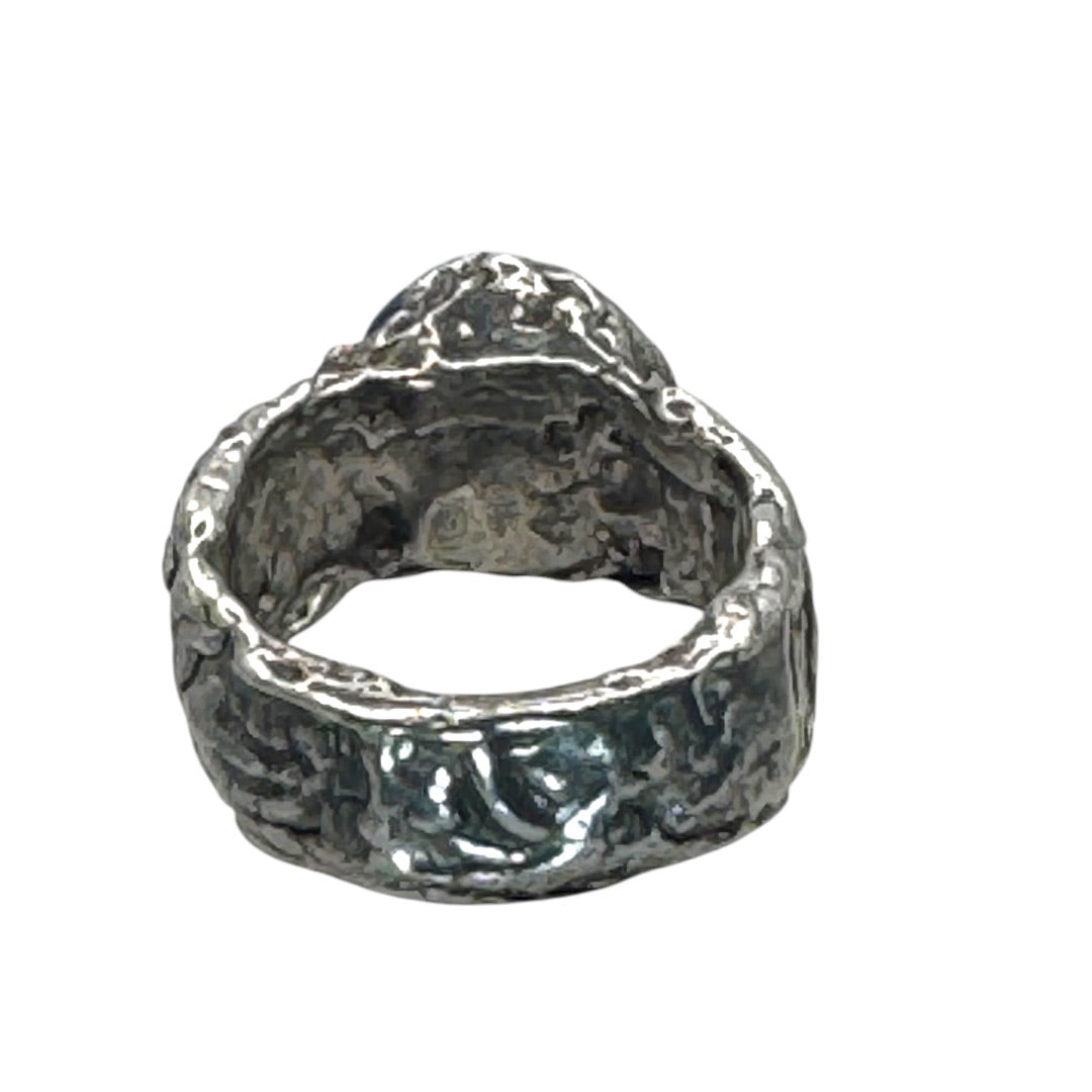 Brutalist Style Silver Blend Metalwork Ring With 10mm Cushion Blue Crystal Stone