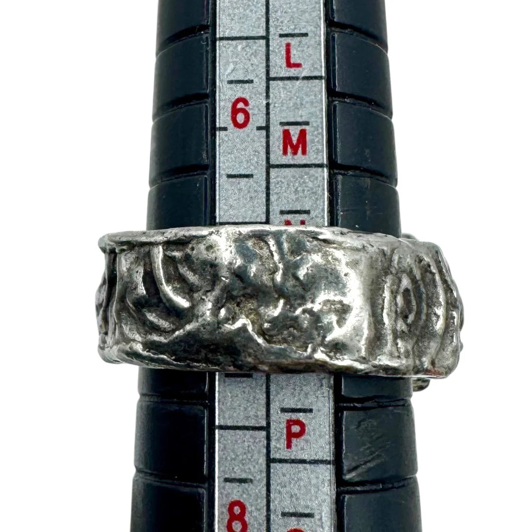 Brutalist Style Silver Blend Metalwork Ring With 10mm Cushion Blue Crystal Stone