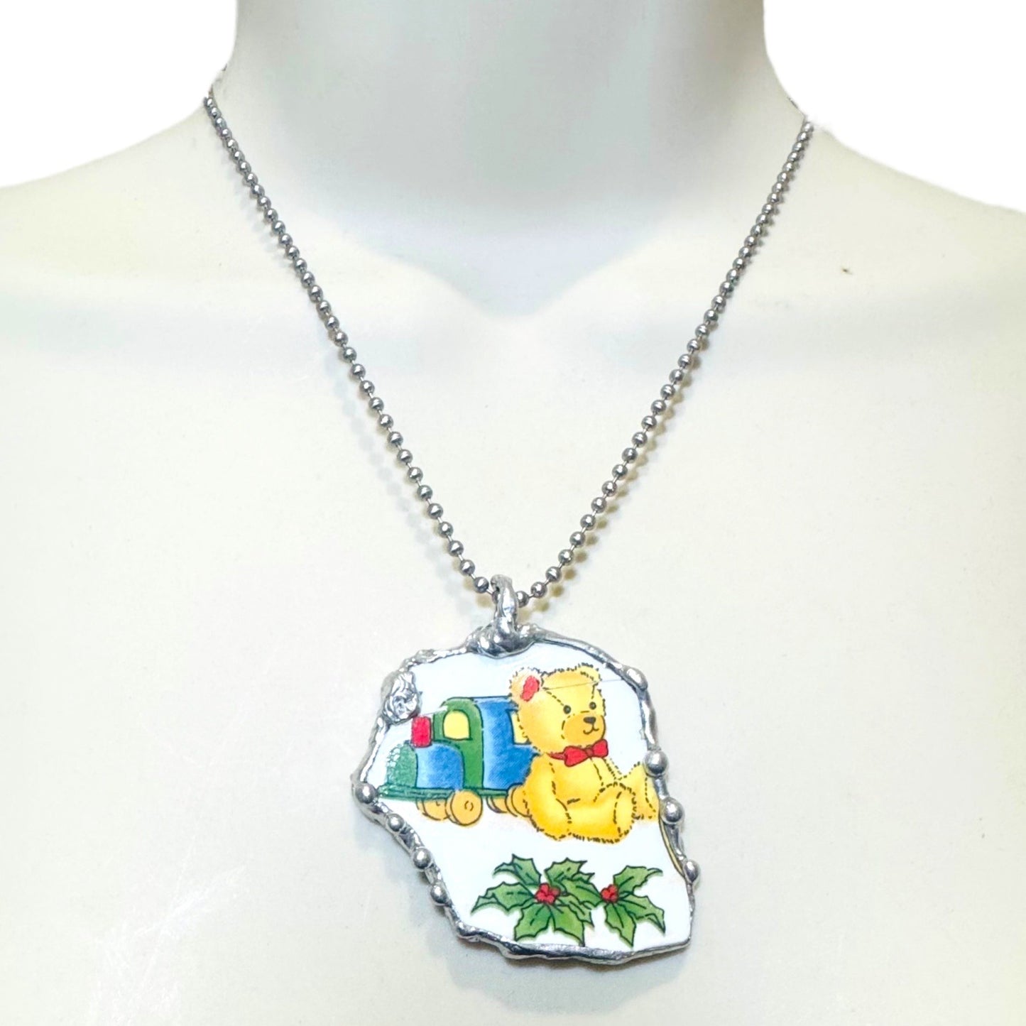 Vintage Broken China Teddy Bear with Christmas Presents & Holly Pendant