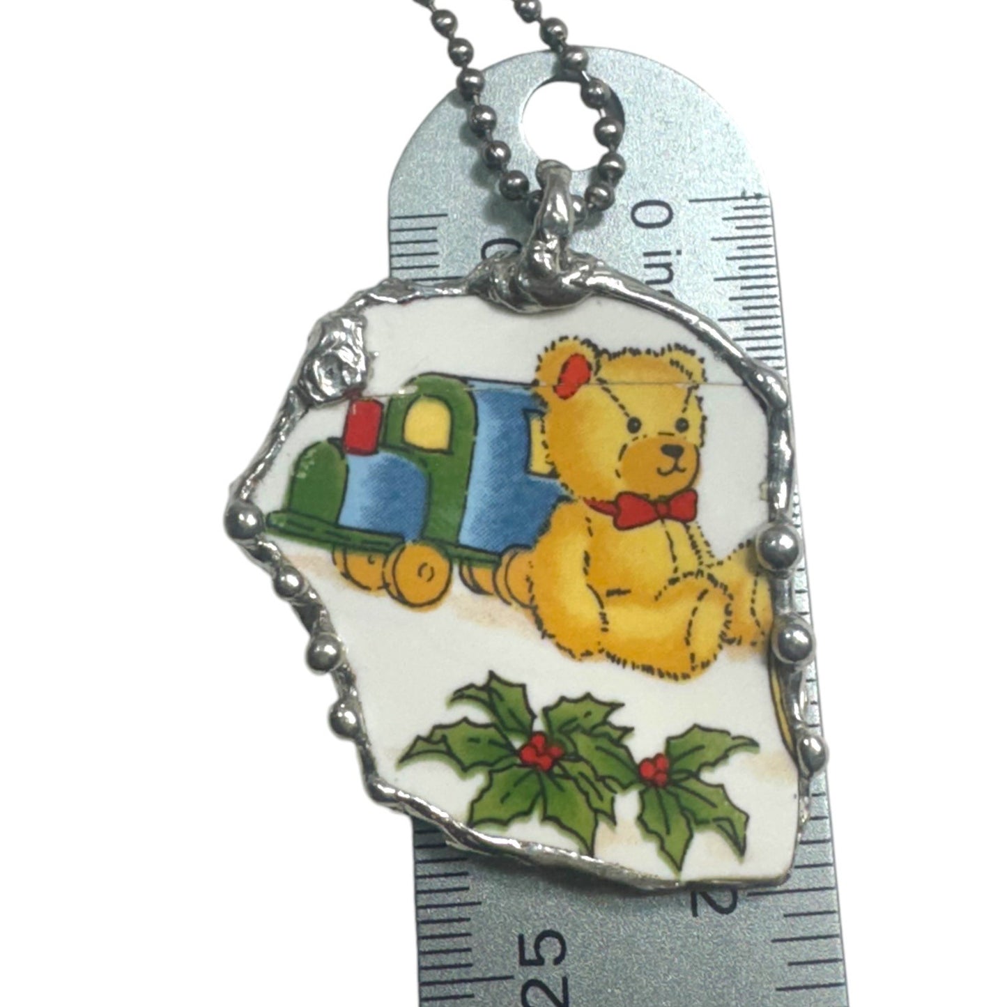 Vintage Broken China Teddy Bear with Christmas Presents & Holly Pendant