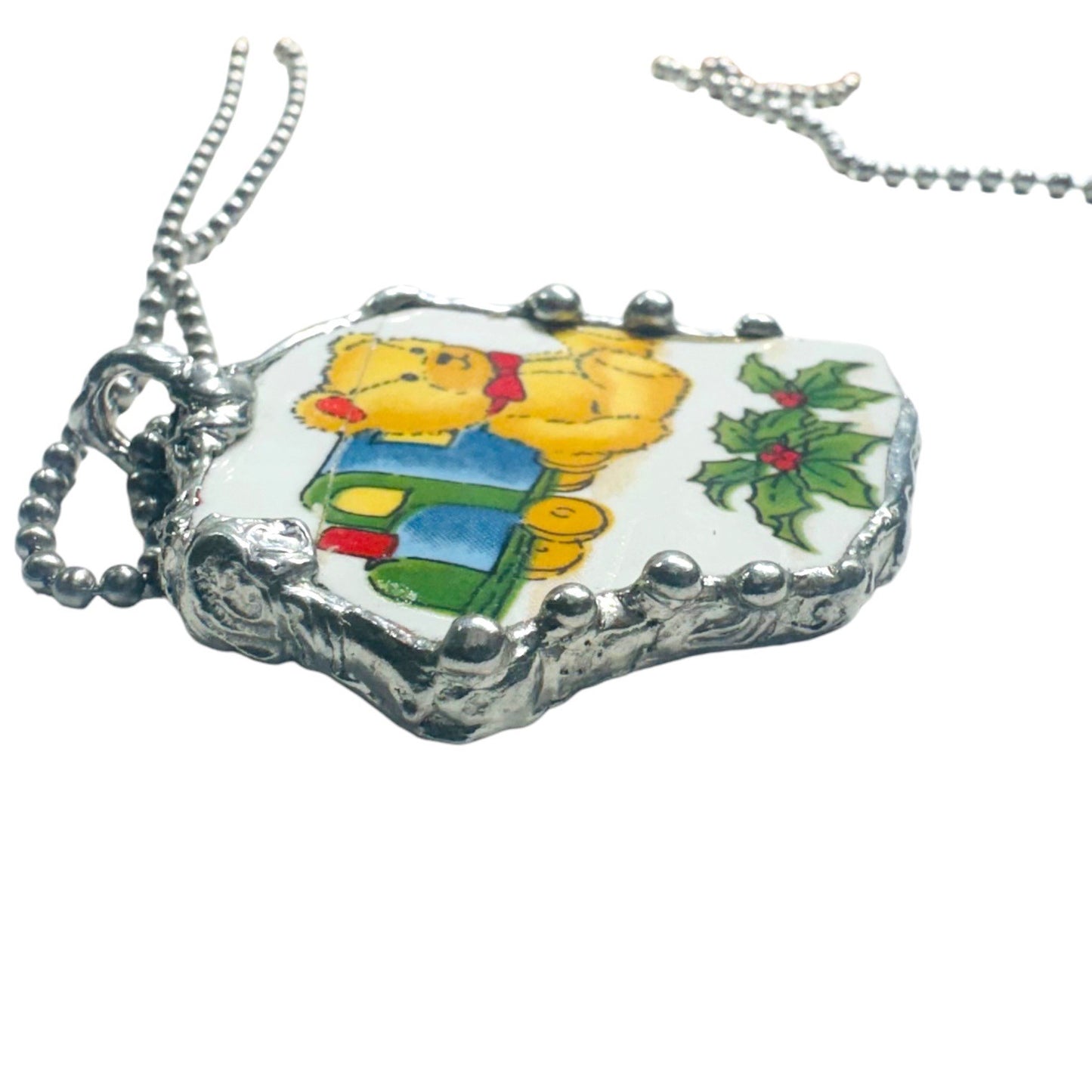 Vintage Broken China Teddy Bear with Christmas Presents & Holly Pendant