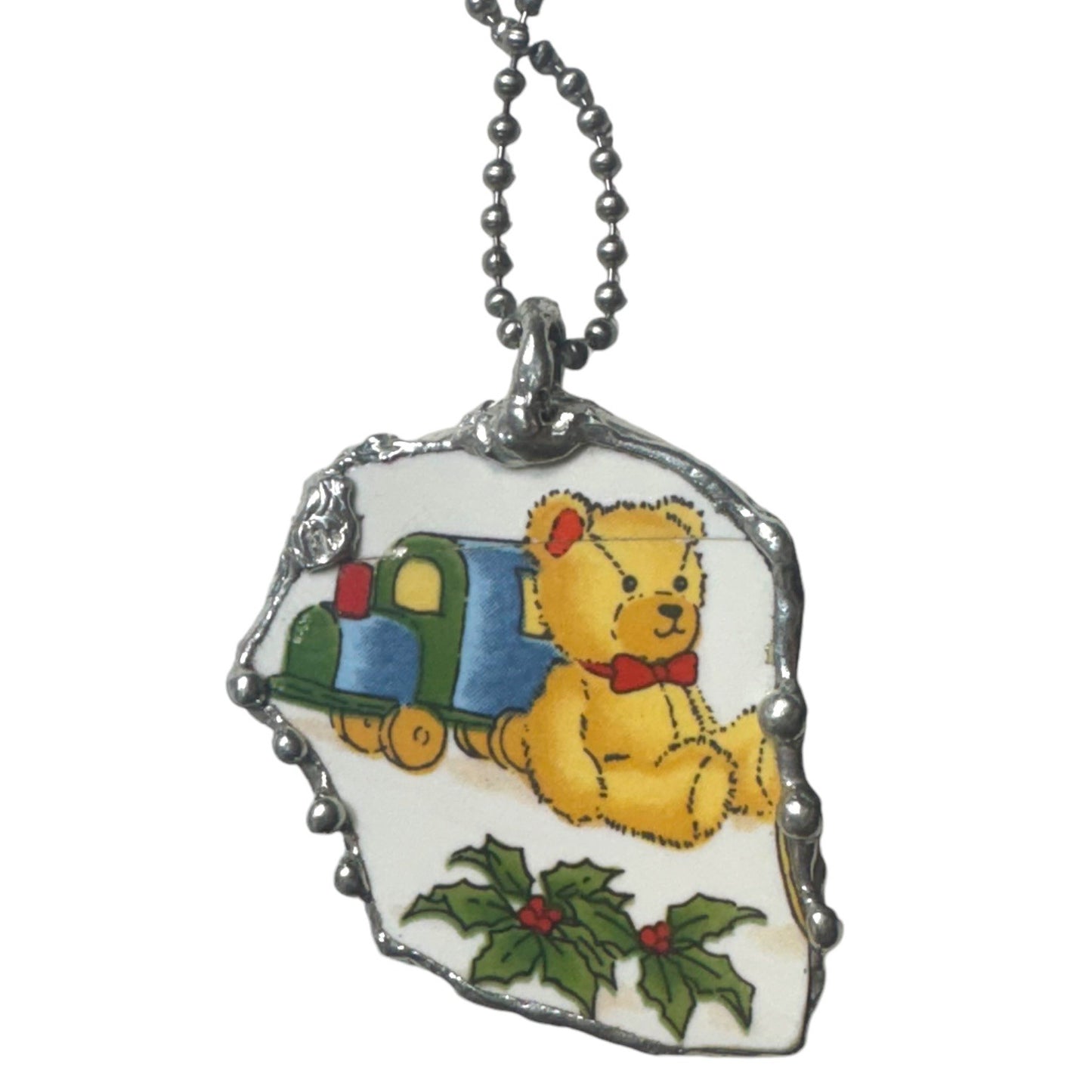 Vintage Broken China Teddy Bear with Christmas Presents & Holly Pendant
