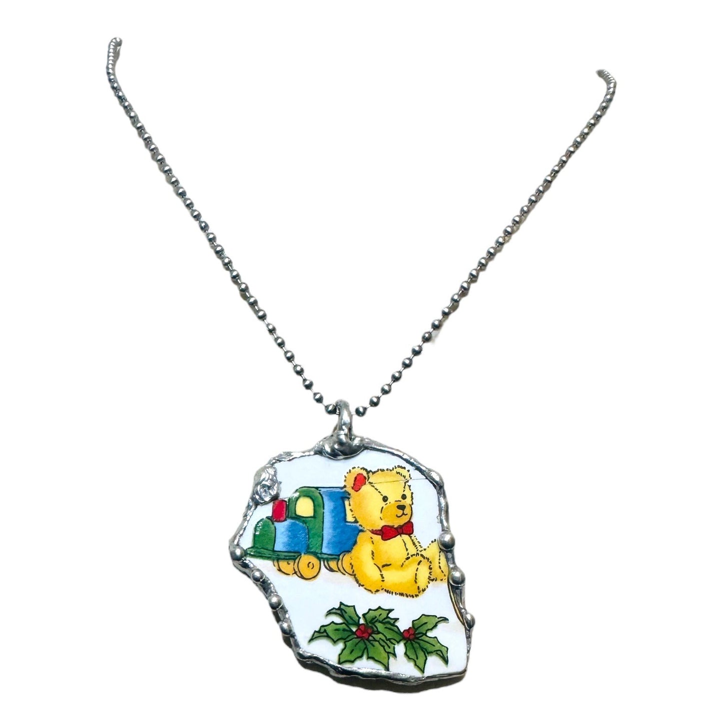 Vintage Broken China Teddy Bear with Christmas Presents & Holly Pendant