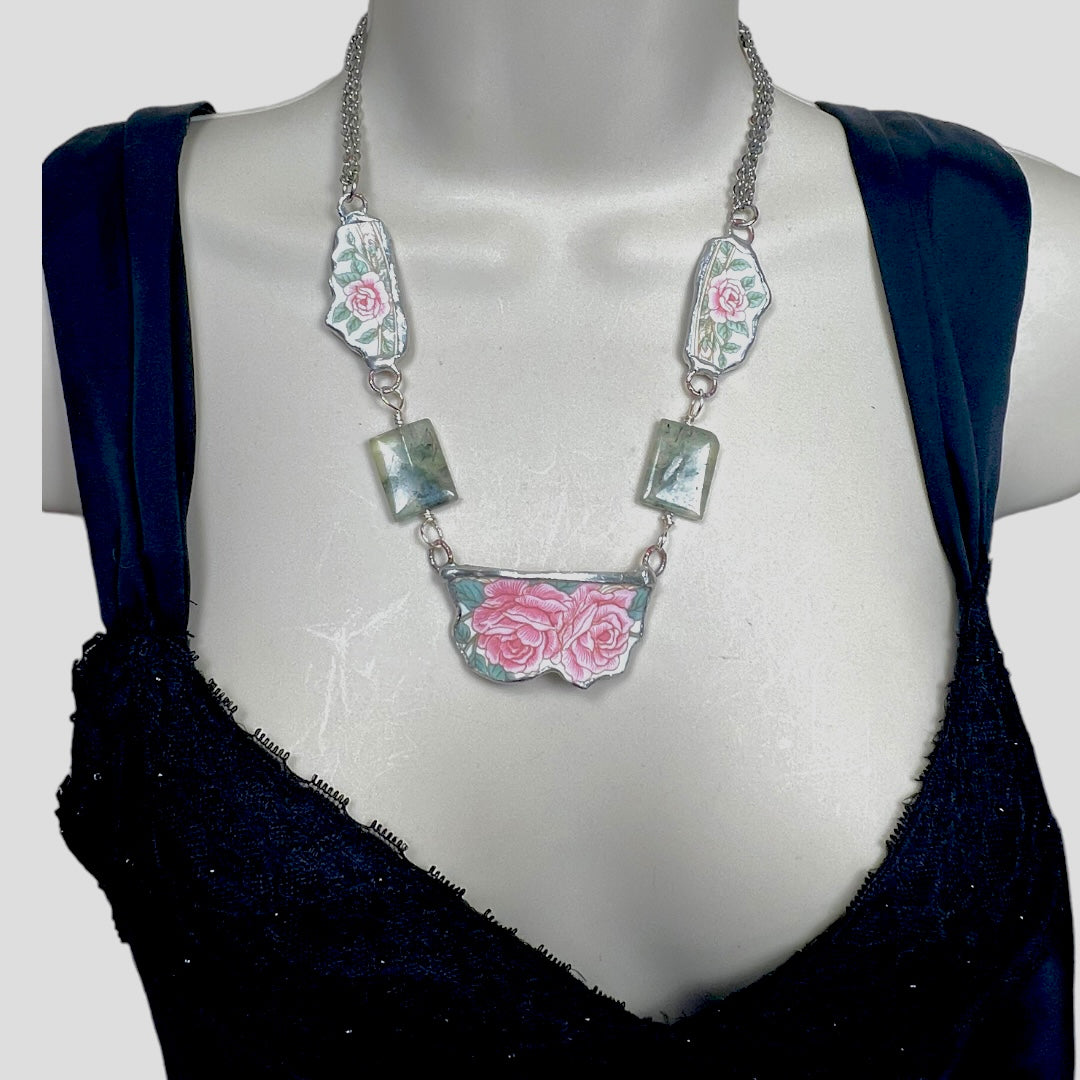 Hand Crafted Broken China Pendant Antique Roses with Prenhite Stones Necklace