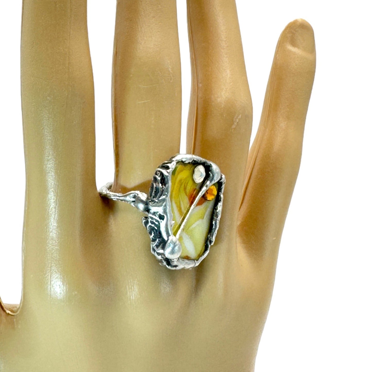 Antique Bavaria Yellow Rose Broken China Ring in Silver-Blend Boho Metalwork